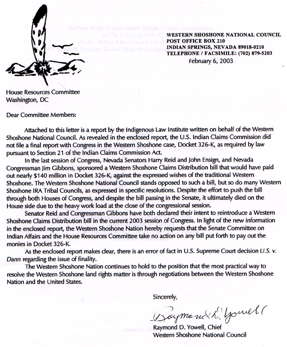 WSNC Letter to Congress - February 6, 2003